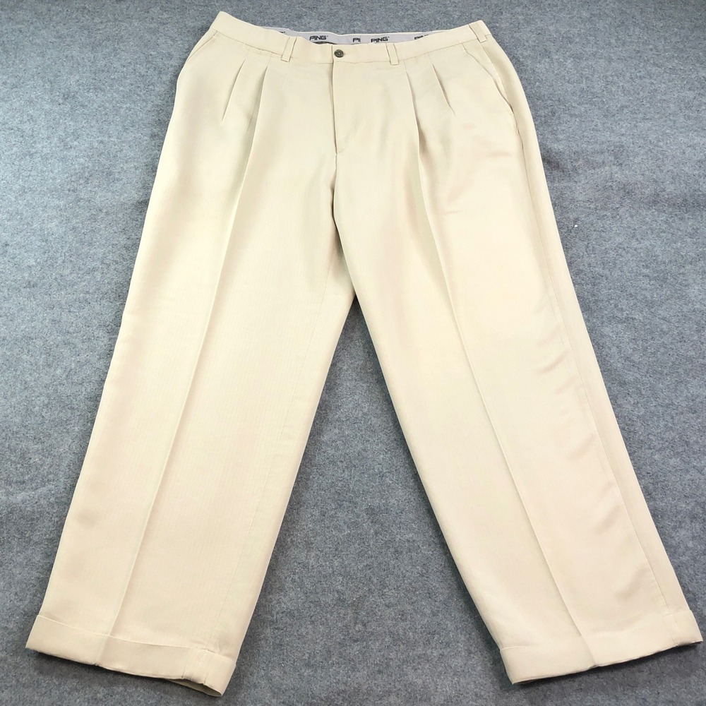 Ping Mens Pleated Pants 40x32 Khaki Beige Herringbone Classic Rayon Polyester